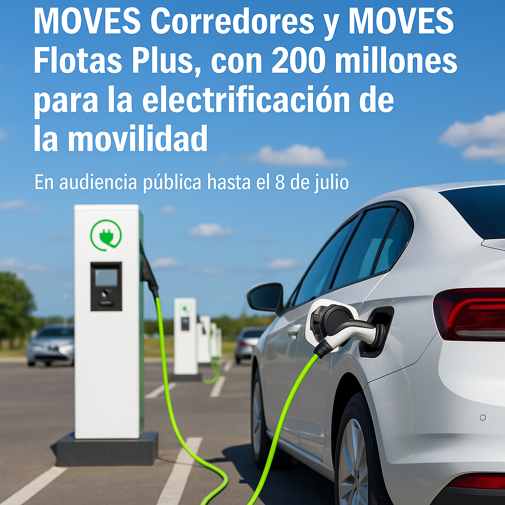 La imagen muestra un vehículo eléctrico cargando en una estación pública, con texto destacado sobre los programas MOVES y la audiencia pública, ideal para ilustrar la noticia en blog, newsletter o redes sociales.