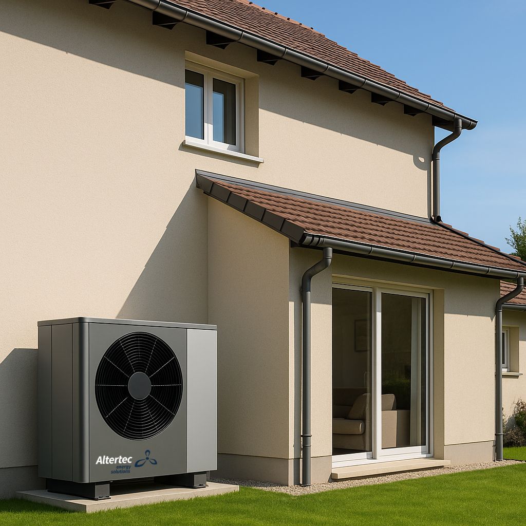 Bomba de calor instalada en el exterior de una casa moderna de dos plantas, junto a una puerta corredera y césped bien cuidado.