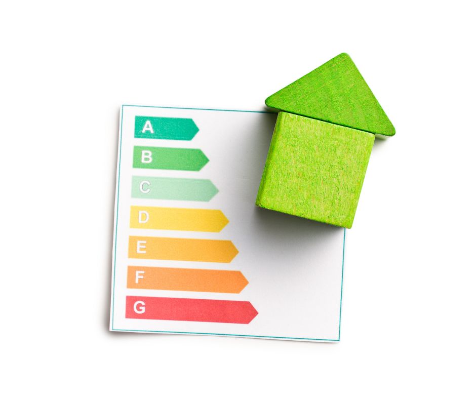 Etiqueta de eficiencia energética con una casa verde sobre fondo blanco, simbolizando sostenibilidad y ahorro energético.