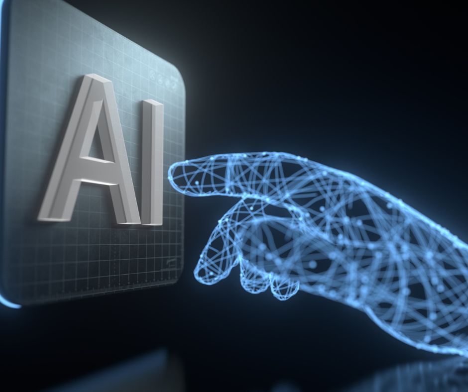 Mano digital señalando un icono de IA que representa la inteligencia artificial en optimización energética