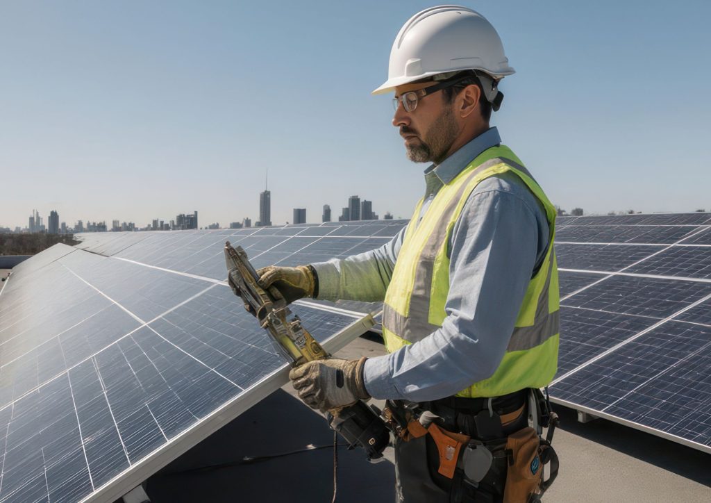 Técnico instalando paneles