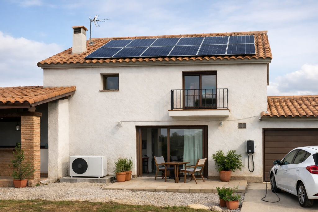 Vivienda española con paneles solares para autoconsumo y unidad exterior de aerotermia
