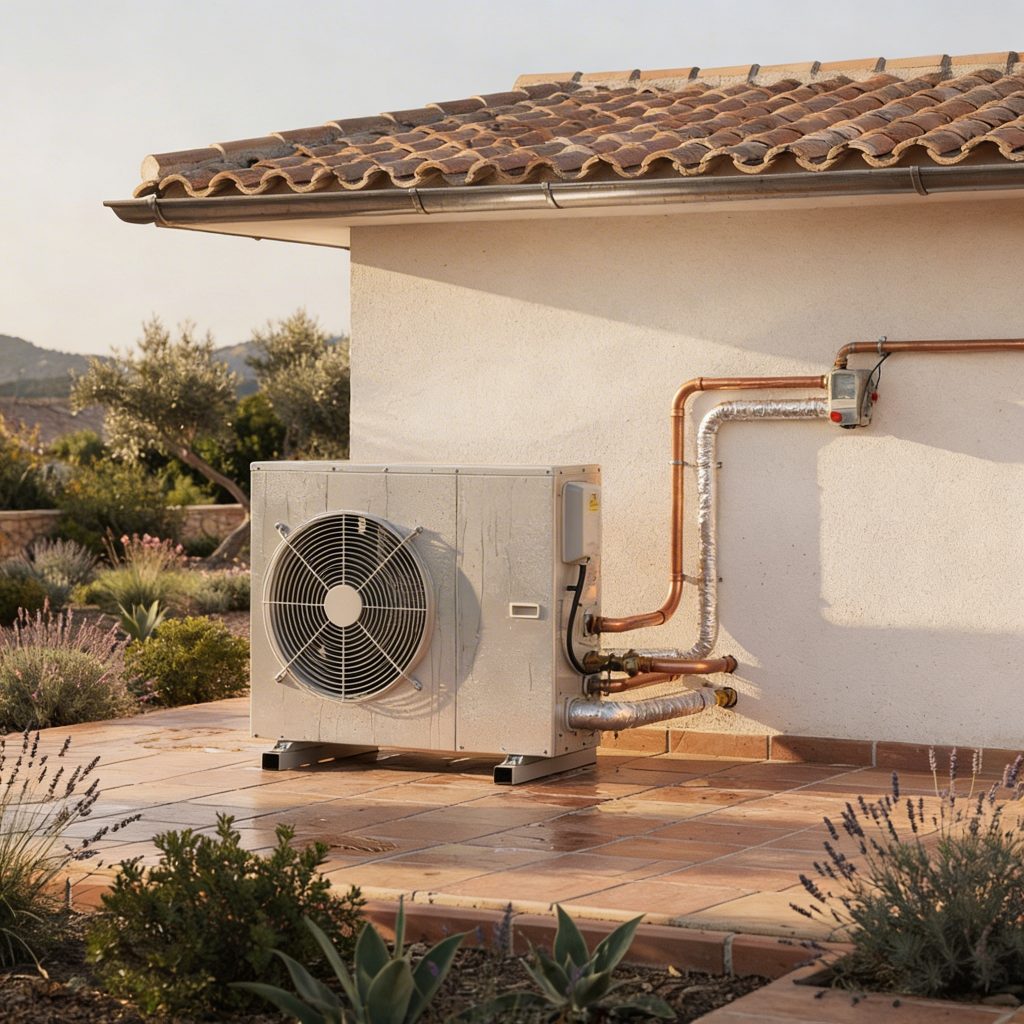 Unidad exterior de aerotermia instalada en vivienda unifamiliar para calefacción eficiente y climatización sostenible mediante bomba de calor