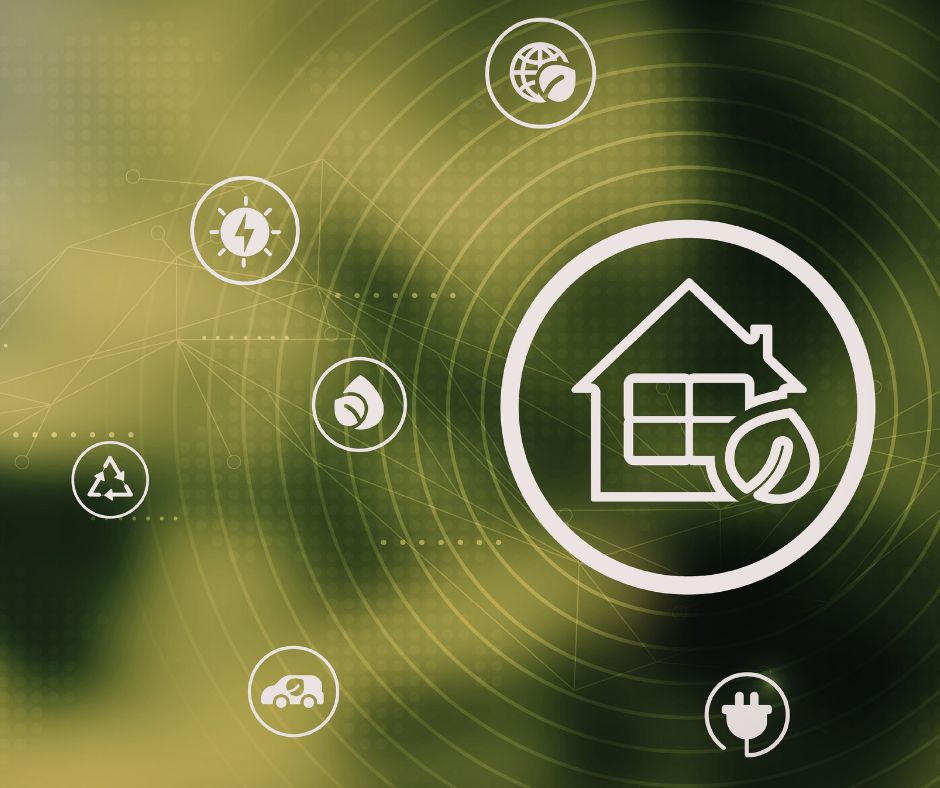 Ilustración sobre financiación europea para eficiencia energética en viviendas con iconos de energías renovables, aerotermia y movilidad eléctrica