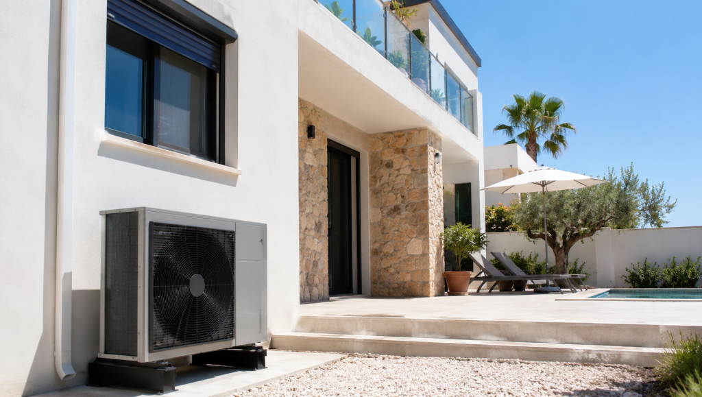 Vivienda moderna en España con sistema de aerotermia exterior instalado junto a la fachada en un día soleado de verano.