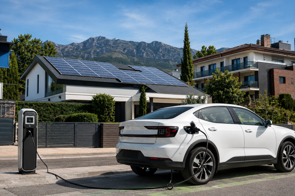 Vehículo eléctrico cargando frente a una vivienda con paneles solares y sistema de energía eficiente en un entorno residencial moderno.