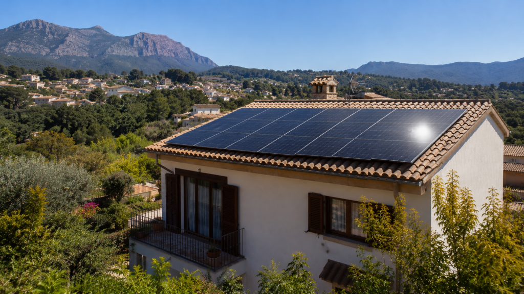 Vivienda unifamiliar en España con instalación de placas solares fotovoltaicas en la cubierta, en un entorno residencial y natural de montaña.