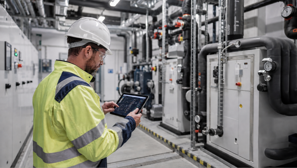 Técnico revisando una instalación industrial con una tablet para optimizar el ahorro y la eficiencia energética.