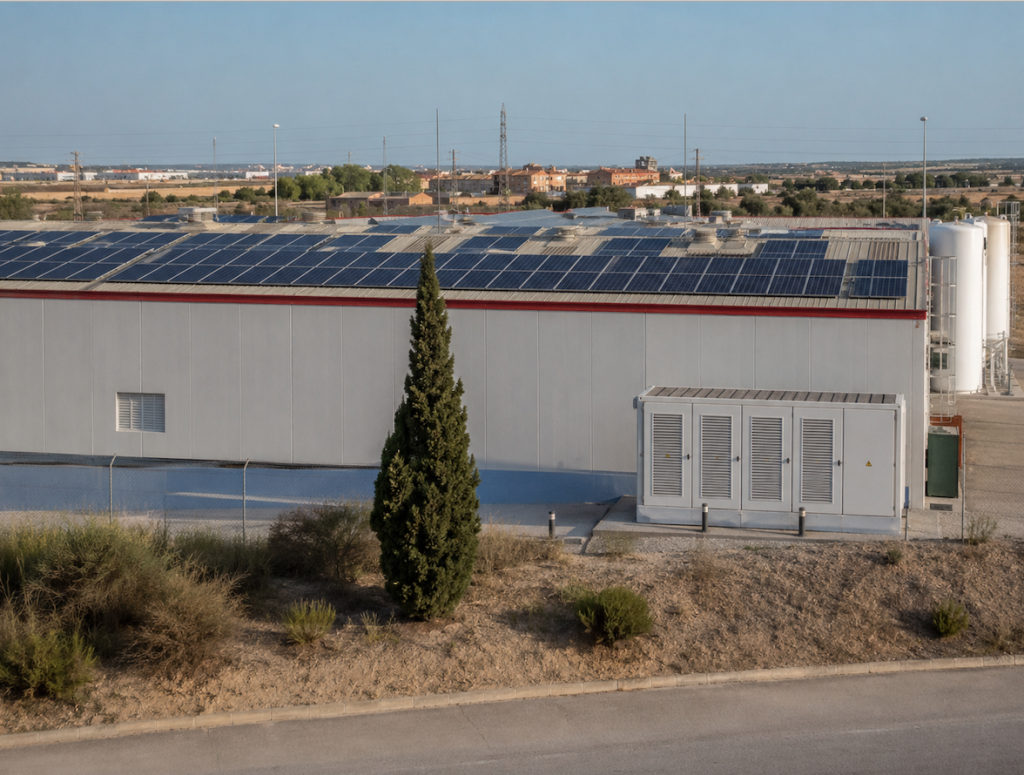 Instalación fotovoltaica de autoconsumo industrial sobre la cubierta de una nave en España.