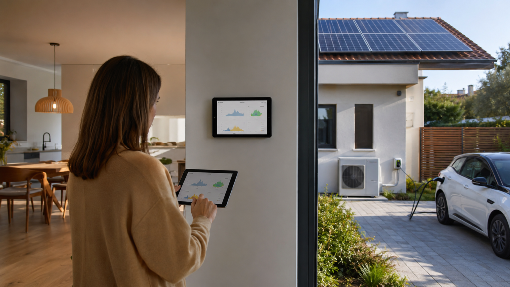 Persona consultando un sistema de gestión inteligente de la energía en una vivienda con placas solares, aerotermia y coche eléctrico