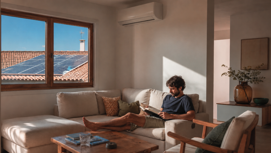 Persona disfrutando del confort de una vivienda con climatización eficiente y paneles solares.