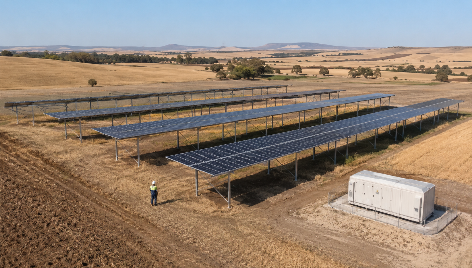 Instalación agrivoltaica con paneles solares y almacenamiento energético en Castilla y León.