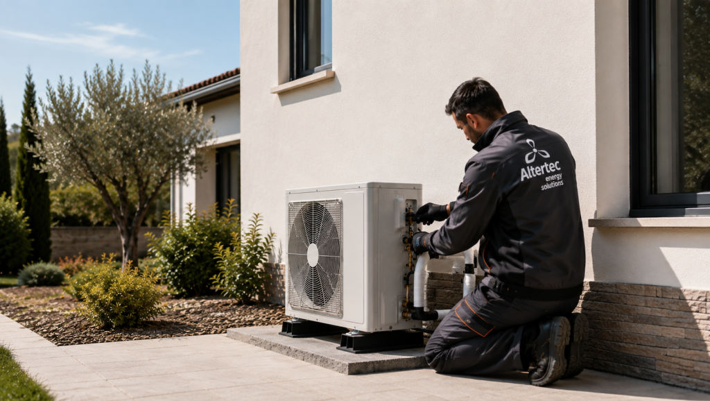 Técnico de Altertec Energy Solutions revisando una instalación de aerotermia en una vivienda unifamiliar.