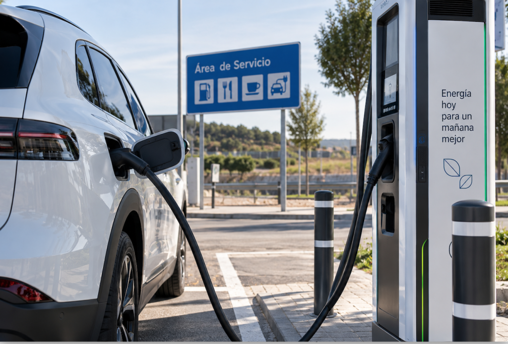 Vehículo eléctrico cargando en un punto de recarga rápida situado en una carretera española.