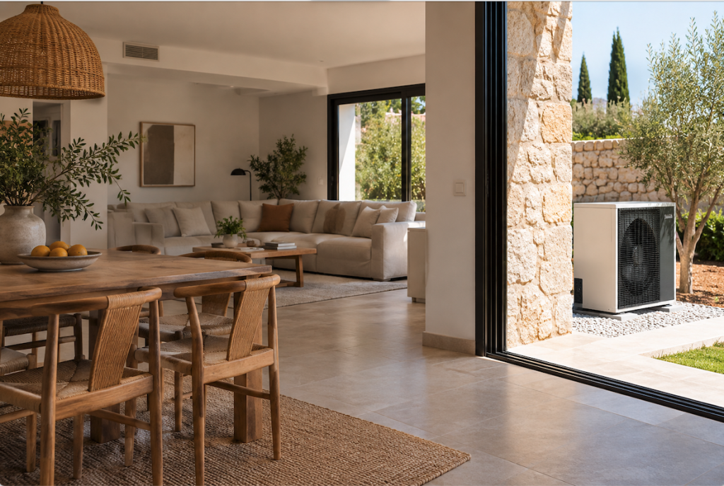 Vivienda moderna con sistema de aerotermia y bomba de calor exterior para climatización eficiente.
